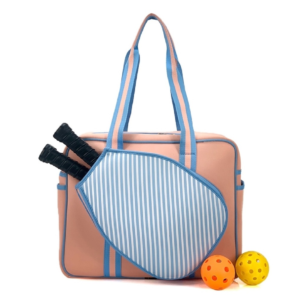 Striped Blue and Coral Orange Women's Pickleball Large Waterproof Sports Bag